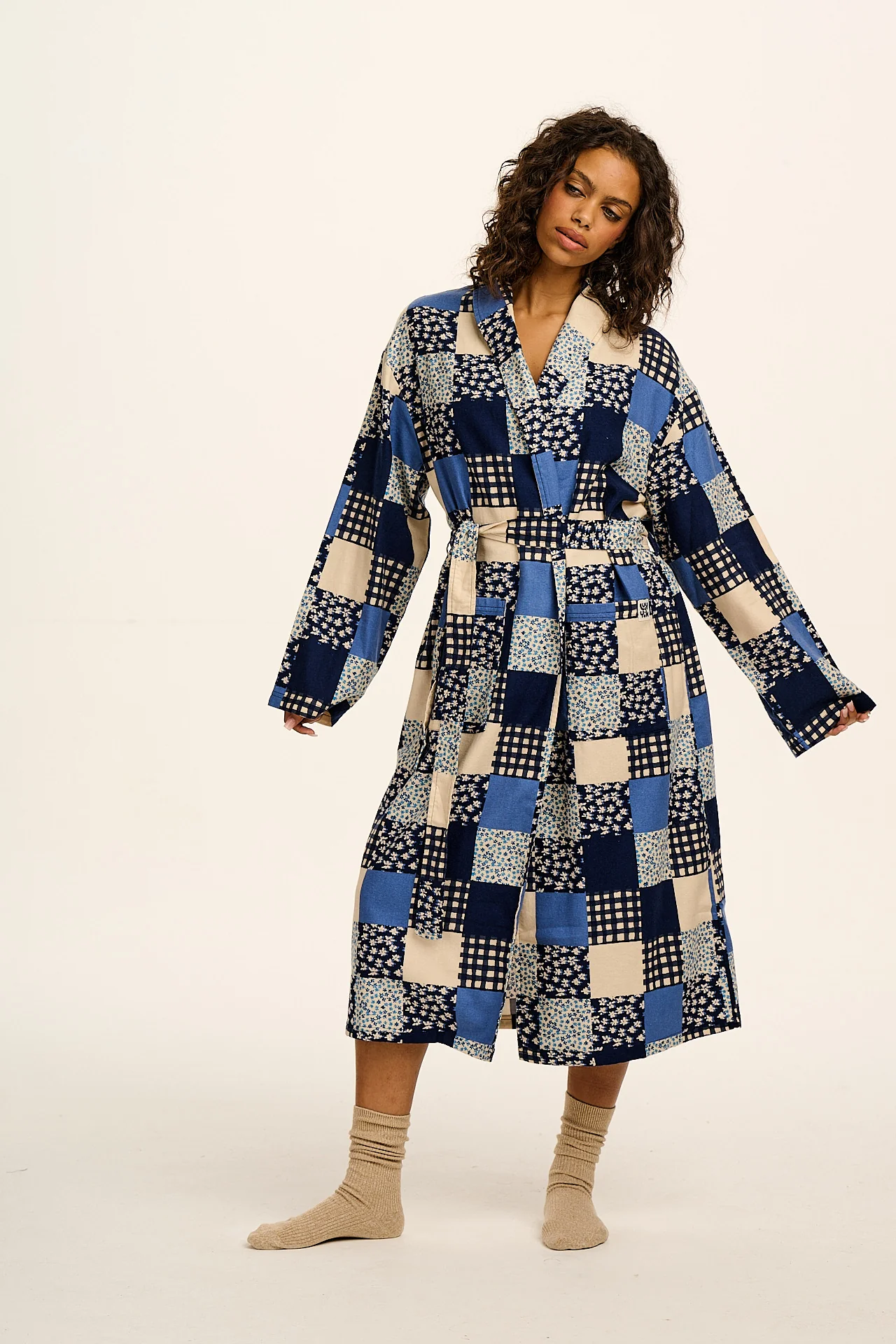 Braydon - Brushed Cotton Robe in Inked Blue Patchwork - Image 5