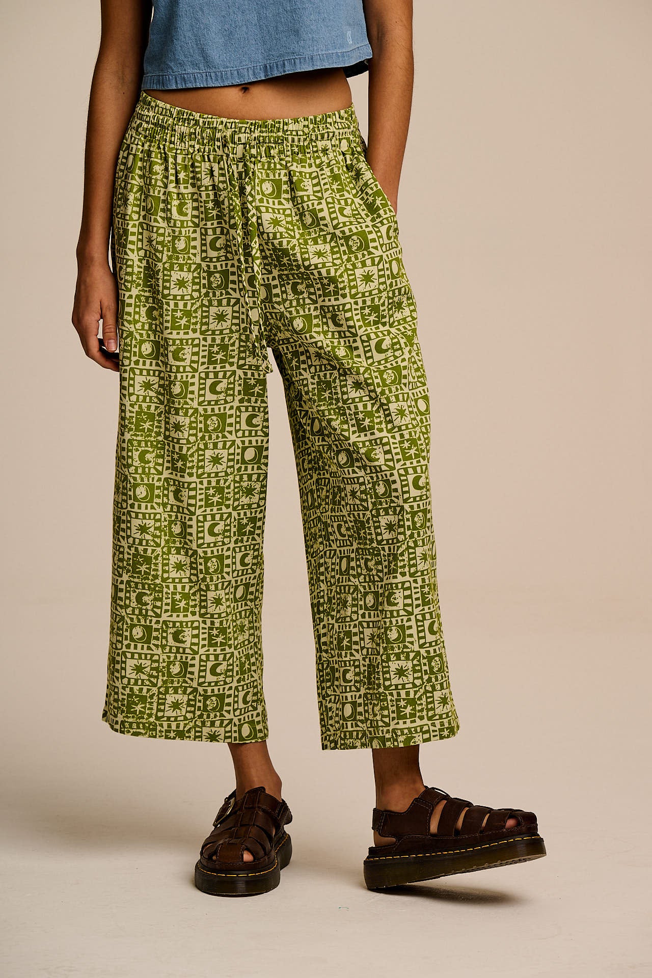 Chuck - Wide Leg Cotton Trousers in Green Celestial Checkerboard - Image 4