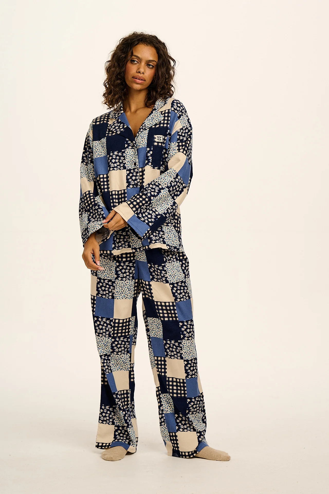 Dreamer - Brushed Cotton Pyjamas Set in Inked Blue Patchwork - Image 2