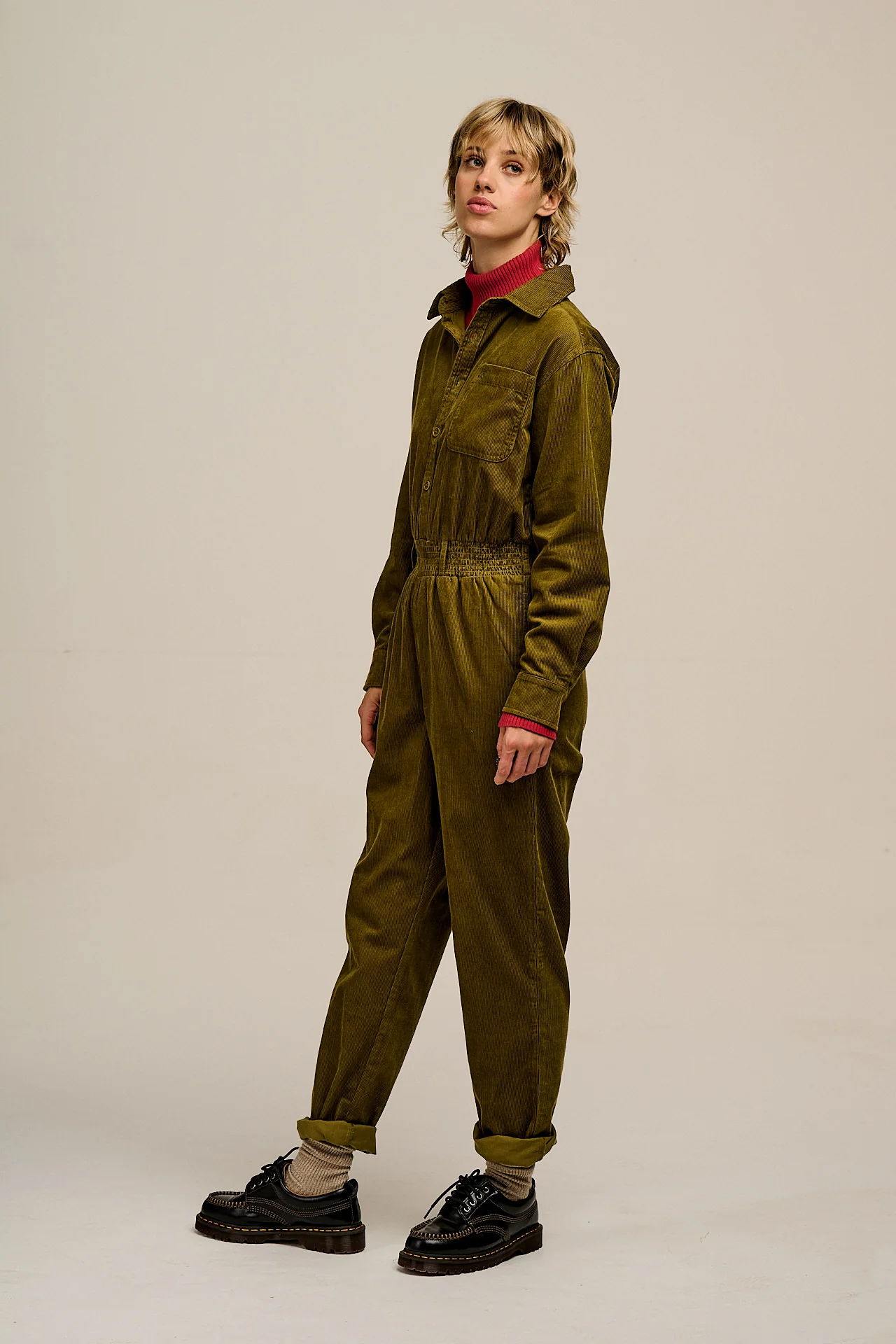Eddie - Long Sleeve Corduroy Jumpsuit in Fir Green - Image 3
