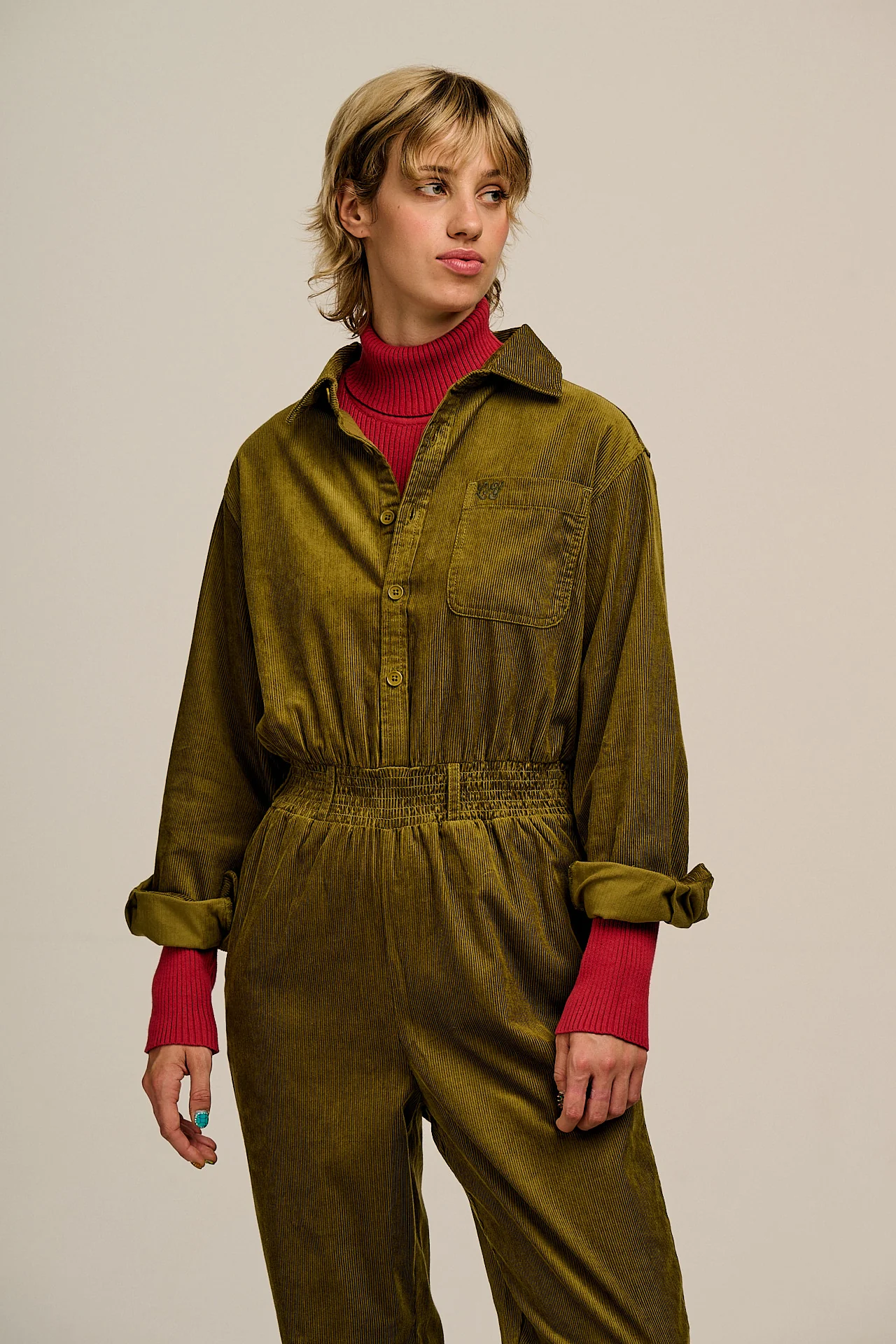 Eddie - Long Sleeve Corduroy Jumpsuit in Fir Green - Image 5