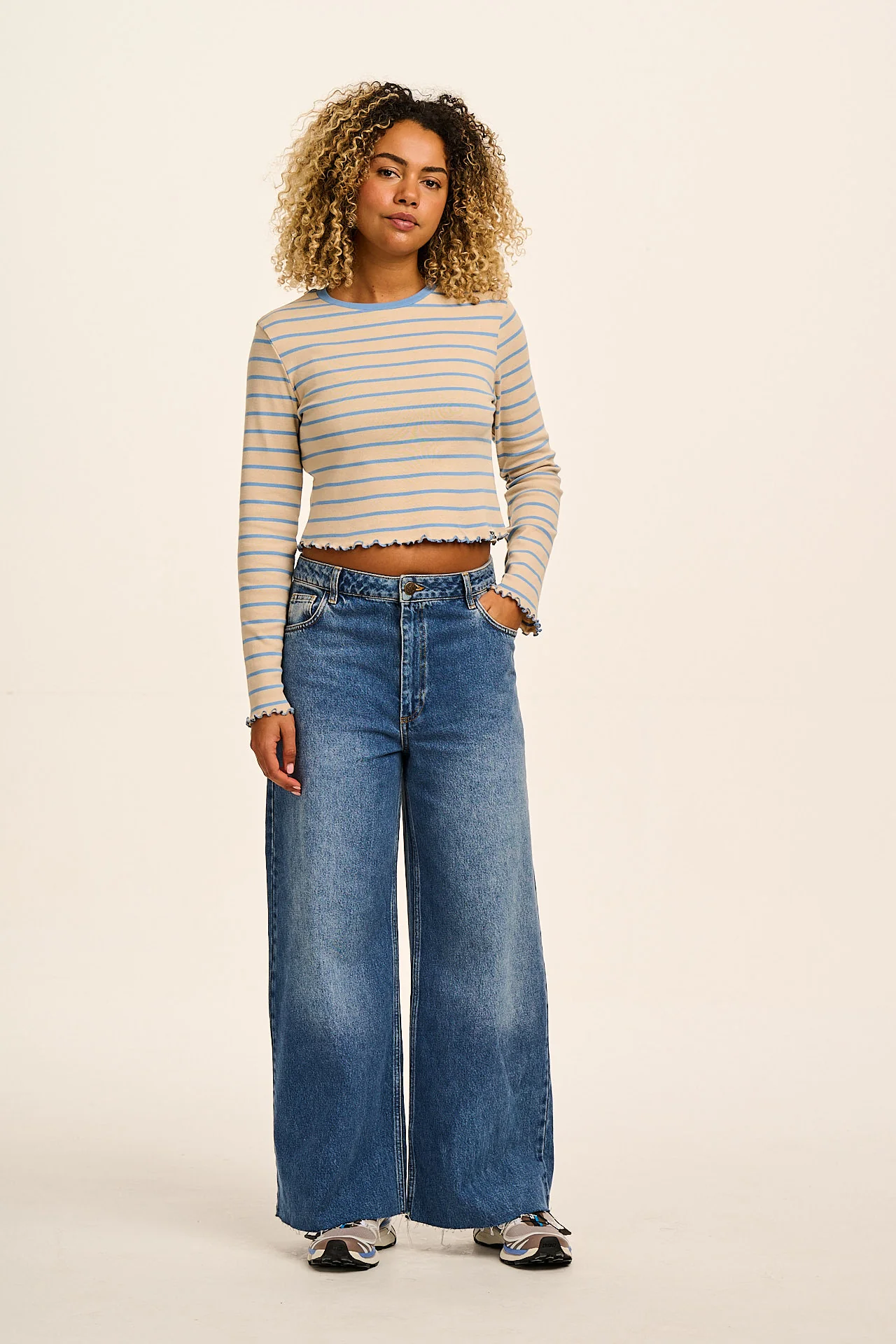 Hansel - Long Sleeve Cotton Crop Top in Blue & Ecru Stripe - Image 3