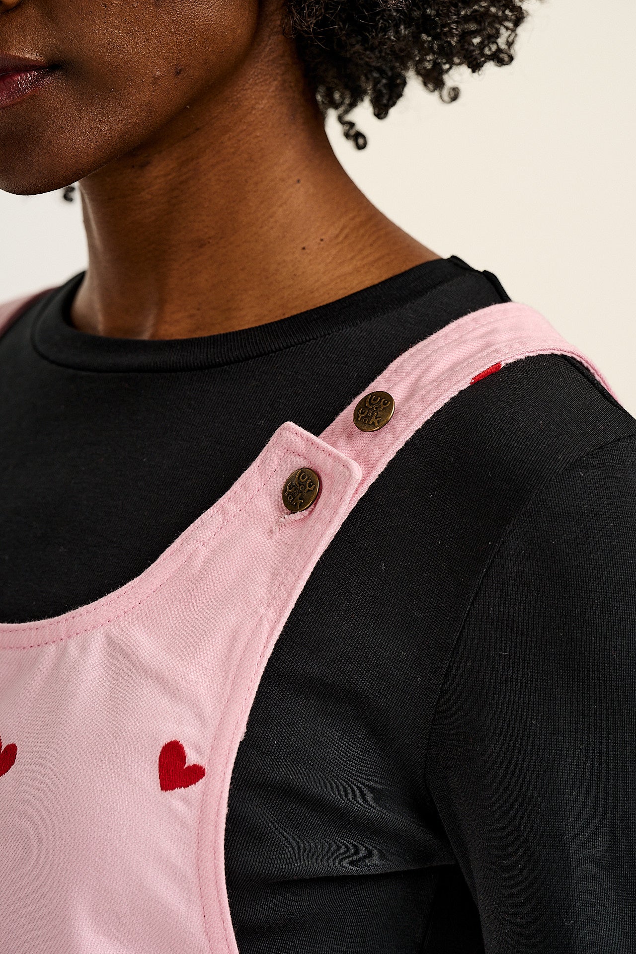 Layla - Denim Mini Dress in Pink Wash with Cupid Hearts Embroidery - Image 2
