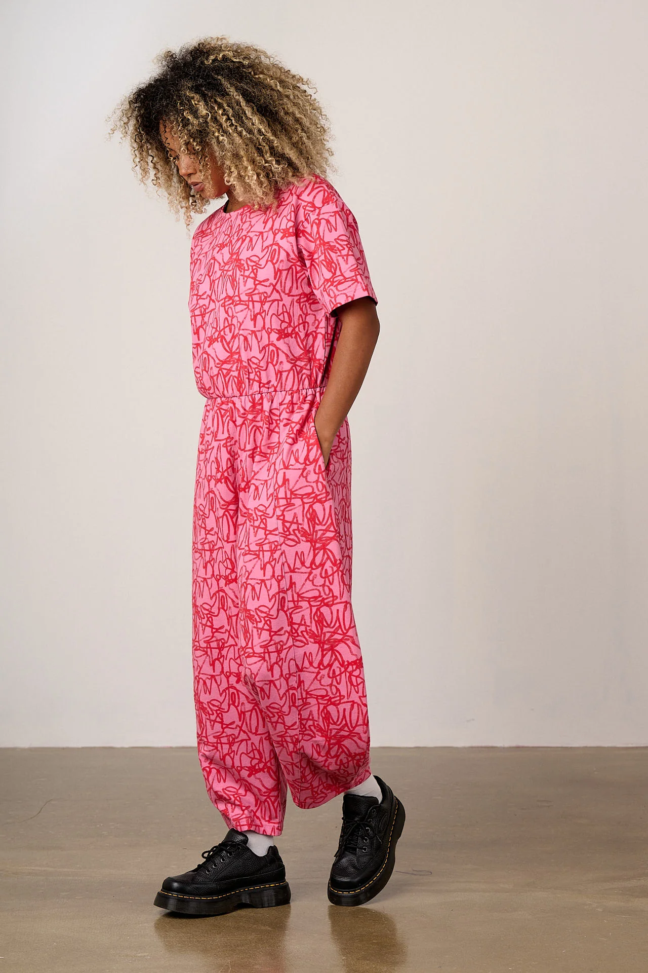 Nova - Barrel Leg Cotton Jersey Jumpsuit in Pink Graffiti - Image 4
