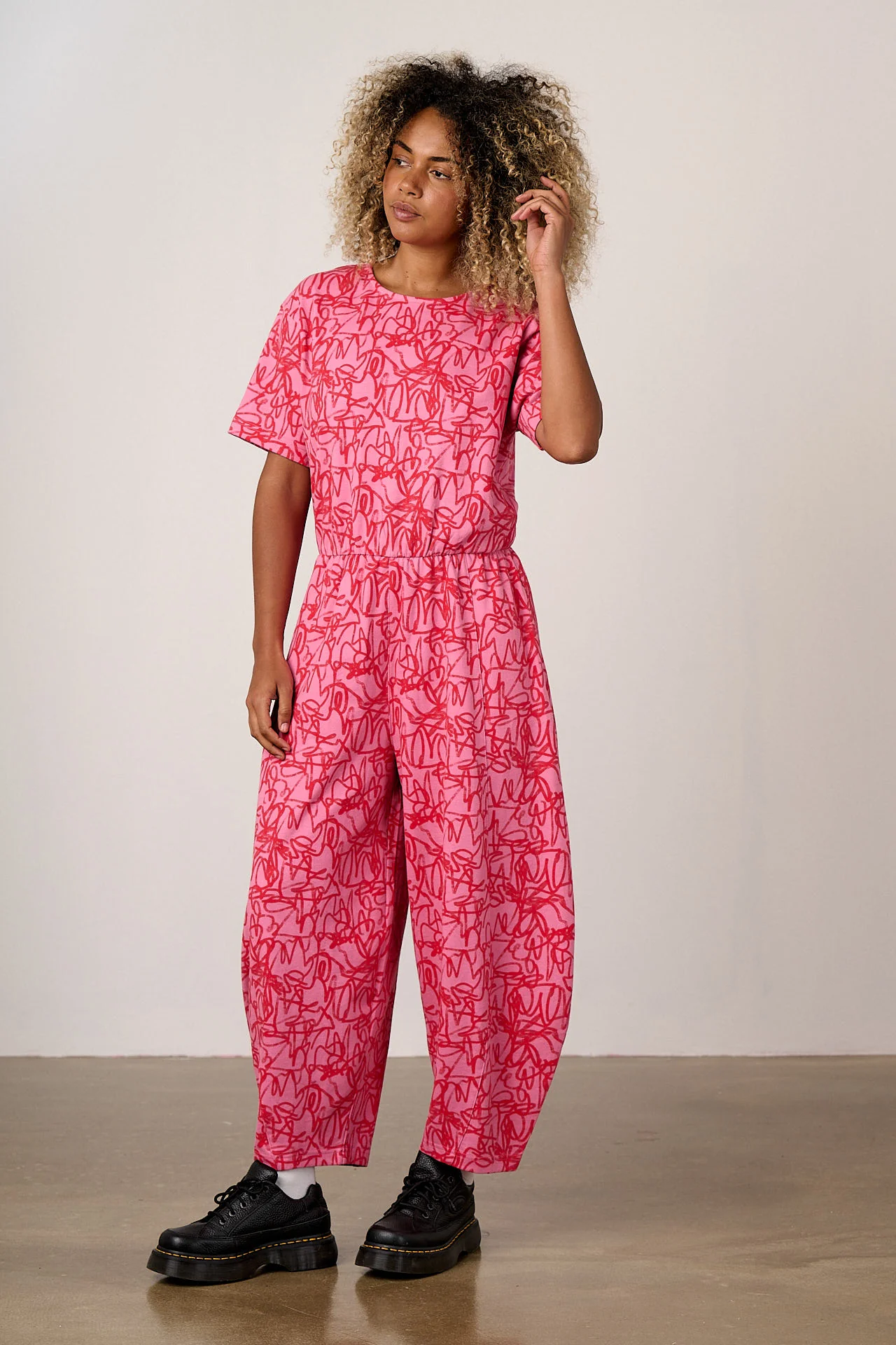 Nova - Barrel Leg Cotton Jersey Jumpsuit in Pink Graffiti - Image 6